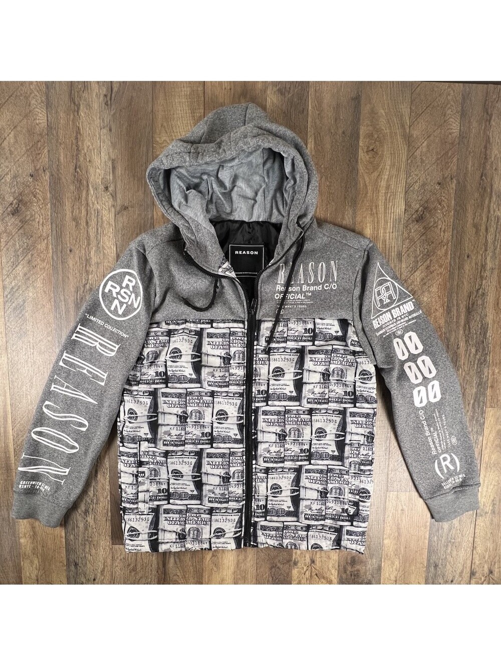 Reason Hoodie Mens Small Gray Comic Pop Art Cash Money Paid Money Calls Zip